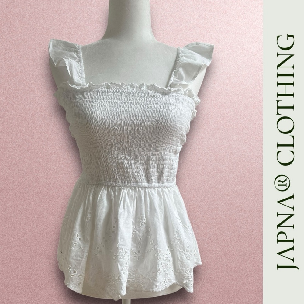 NWOT Japna White Eyelet Smocked Ruffle Strap Top, Size S, MSRP $35